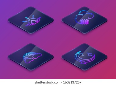 Set Isometric line Sunrise, Rainbow with clouds, Cloud with snow and sun and Moon and stars. Blue square button. Vector