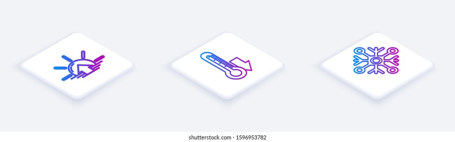 Set Isometric line Sunrise, Thermometer and Snowflake. White square button. Vector