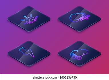 Set Isometric line Sunset, Lightning bolt, Windy weather and Thermometer and cloud. Blue square button. Vector