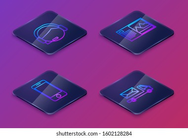 Set Isometric line Support operator in touch, Mobile phone with app delivery tracking, Postcard  and Post truck . Blue square button. Vector
