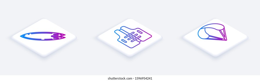 Set Isometric line Surfboard, Life jacket and Parachute. White square button. Vector
