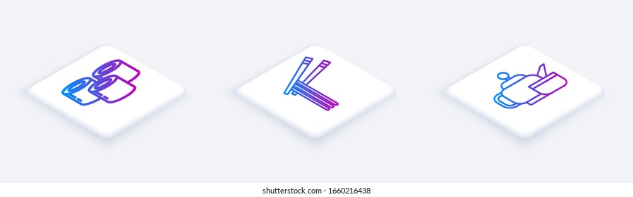 Set Isometric line Sushi, Asian noodles and chopsticks and Japanese tea ceremony. White square button. Vector