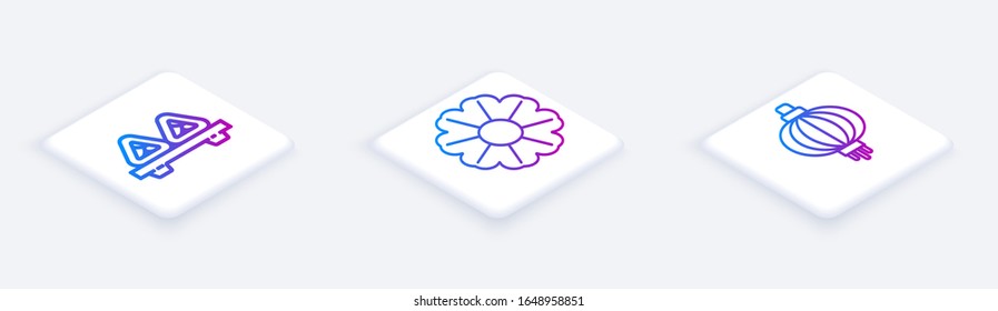 Set Isometric line Sushi on cutting board, Flower and Japanese paper lantern. White square button. Vector
