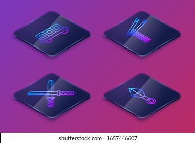 Set Isometric line Sushi on cutting board, Traditional Japanese katana, Asian noodles and chopsticks and Japanese ninja shuriken. Blue square button. Vector