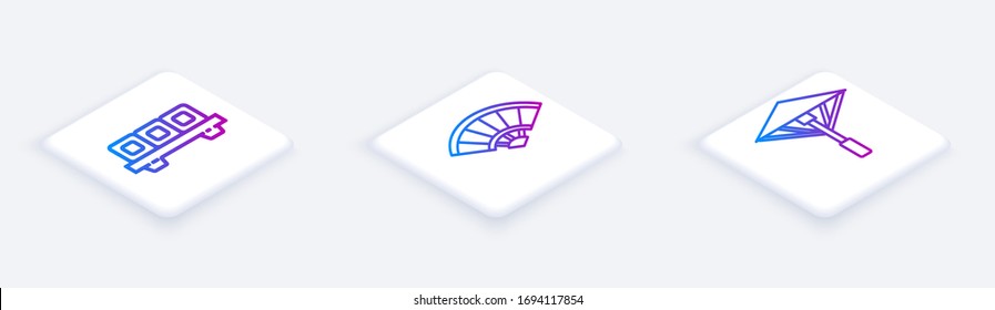 Set Isometric line Sushi on cutting board, Paper chinese or japanese folding fan and Japanese umbrella from the sun. White square button. Vector