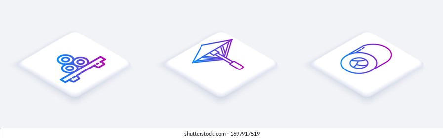 Set Isometric line Sushi on cutting board, Japanese umbrella from the sun and Sushi. White square button. Vector