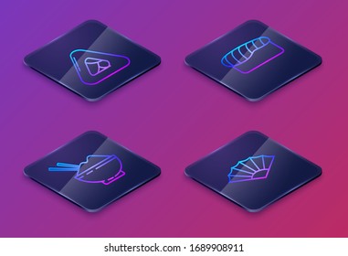 Set Isometric line Sushi, Rice in a bowl with chopstick, Sushi and Paper chinese or japanese folding fan. Blue square button. Vector