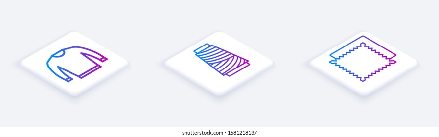 Set Isometric line Sweater, Sewing thread on spool and Textile fabric roll. White square button. Vector