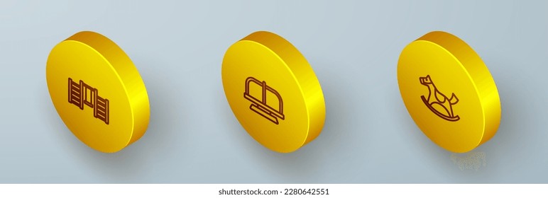 Set Isometric line Swedish wall, Attraction carousel and Horse in saddle swing icon. Vector