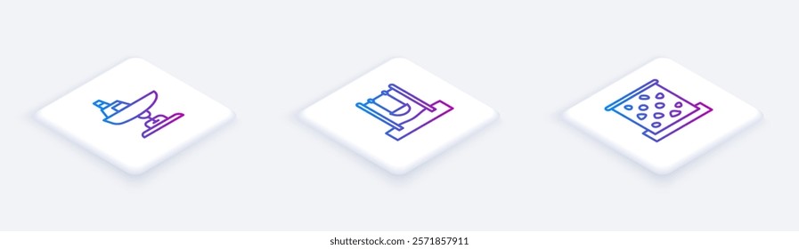 Set Isometric line Swing boat,  and Climbing wall. White square button. Vector