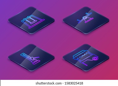 Set Isometric line Swing, High striker attraction with big hammer, Seesaw and Fast street food cart with awning. Blue square button. Vector