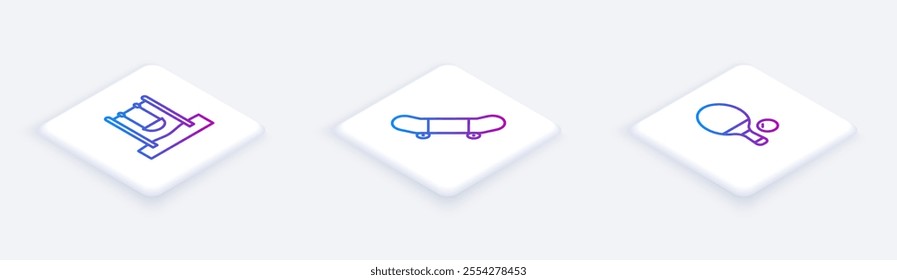 Set Isometric line Swing, Skateboard trick and Racket and ball. White square button. Vector