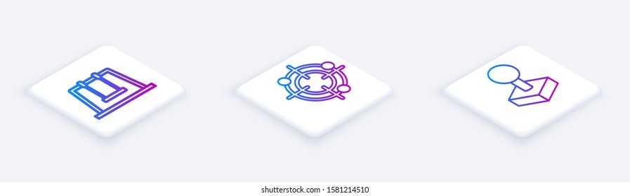 Set Isometric line Swing, Target sport for shooting competition and Joystick for arcade machine. White square button. Vector
