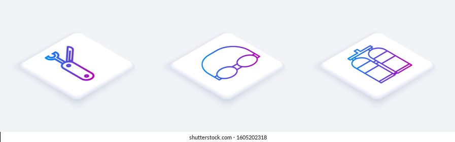 Set Isometric line Swiss army knife, Glasses and cap for swimming and Aqualung. White square button. Vector