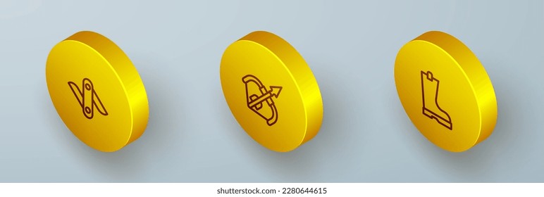 Set Isometric line Swiss army knife, Medieval bow and arrow and Waterproof rubber boot icon. Vector