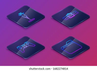 Set Isometric line Syringe, Gamepad, Smartwatch and Document folder. Blue square button. Vector
