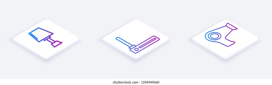 Set Isometric line Table lamp , Router and wi-fi signal  and Hair dryer . White square button. Vector