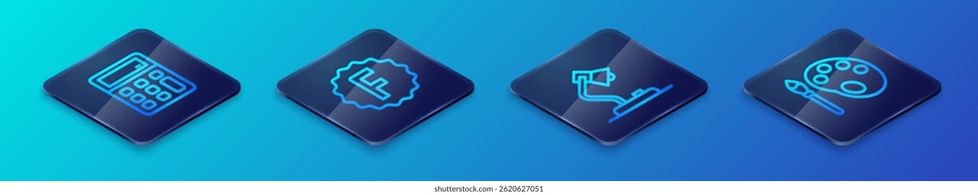Set Isometric line Table lamp, Calculator, Paint brush with palette and Exam paper incorrect answers icon. Vector