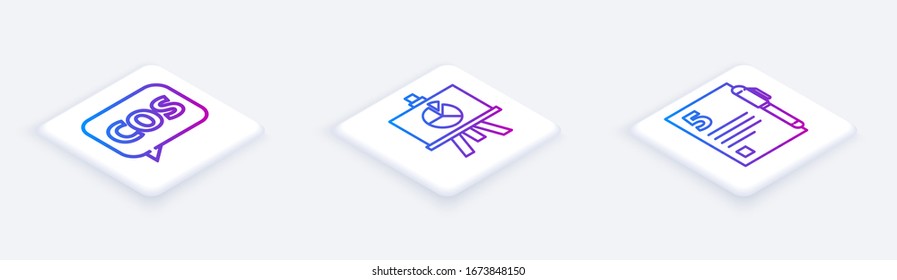 Set Isometric line Tablet with calculator, XYZ Coordinate system and Open book. White square button. Vector