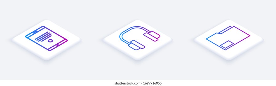 Set Isometric line Tablet, Headphones and Document folder. White square button. Vector