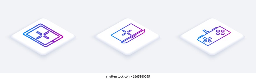 Establezca la línea isométrica Tablet, Laptop y Gamepad. Botón cuadrado blanco. Vector
