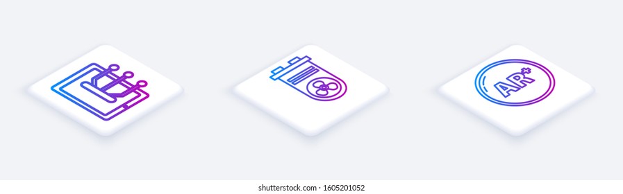 Set Isometric line Tablet, Video graphic card and Ar, augmented reality. White square button. Vector