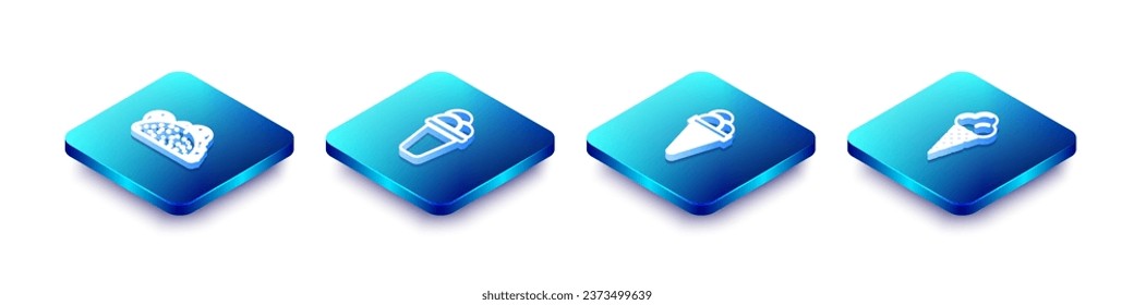 Set Isometric line Taco with tortilla, Ice cream, in waffle cone and  icon. Vector