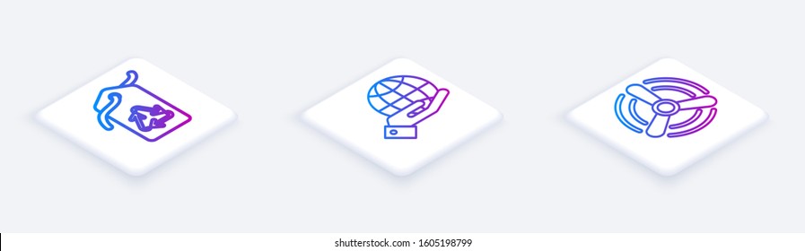 Set Isometric line Tag with recycle symbol, Human hands holding Earth globe and Wind turbine. White square button. Vector