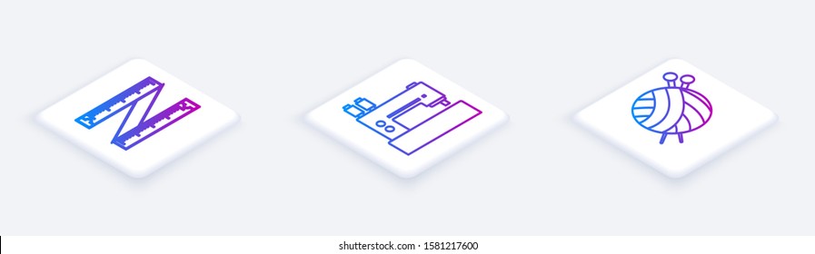 Set Isometric line Tape measure, Sewing machine and Yarn ball with knitting needles. White square button. Vector