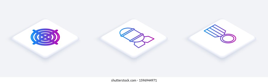 Set Isometric line Target sport for shooting competition, Aviation bomb  and Military reward medal . White square button. Vector