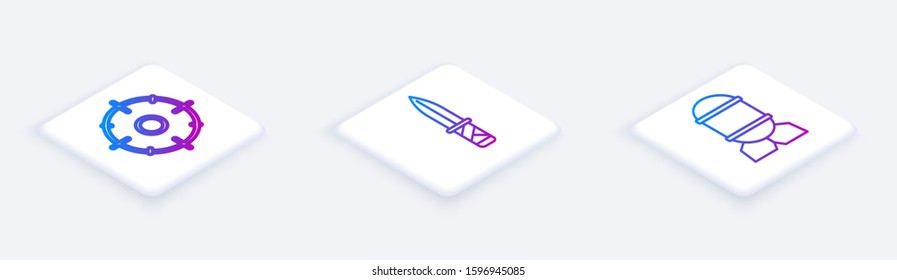 Set Isometric line Target sport for shooting competition , Military knife  and Aviation bomb . White square button. Vector