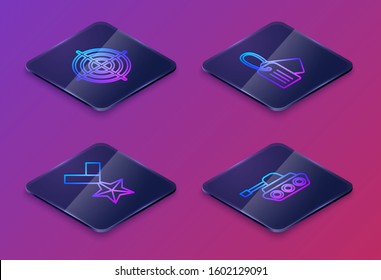 Set Isometric line Target sport for shooting competition, Military reward medal , Military dog tag  and Military tank . Blue square button. Vector