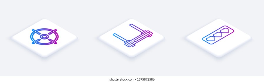 Establezca la línea Isometric Target sport, Router y señal wi-fi y Like y Heart. Botón cuadrado blanco. Vector