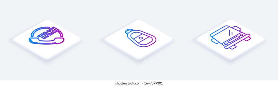 Set Isometric line Taxi call telephone service, Car key with remote and Car. White square button. Vector