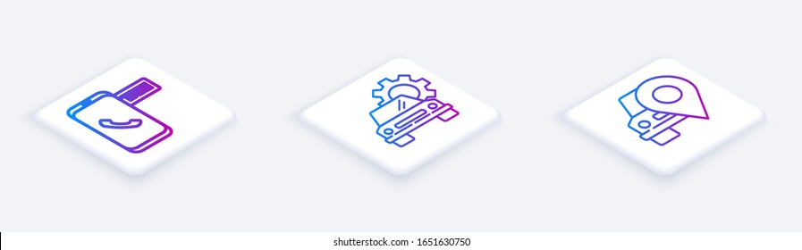 Set Isometric line Taxi call telephone service, Car service and Map pointer with taxi. White square button. Vector