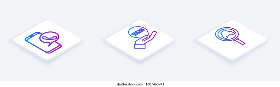 Set Isometric line Taxi call telephone service, Hand on map pointer with taxi and Magnifying glass and taxi car. White square button. Vector