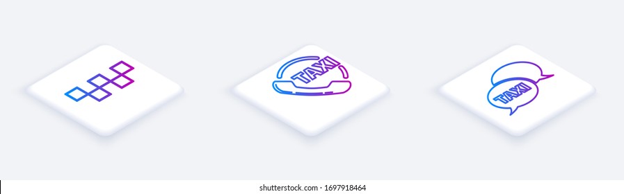 Set Isometric line Taxi car roof, Taxi call telephone service and Taxi call telephone service. White square button. Vector