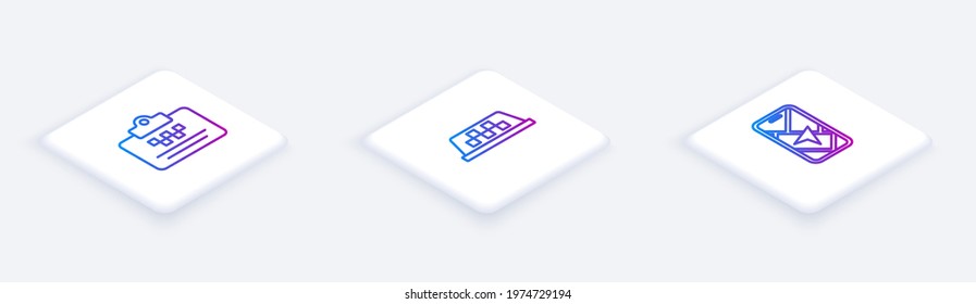 Set Isometric line Taxi driver license, car roof and City map navigation. White square button. Vector