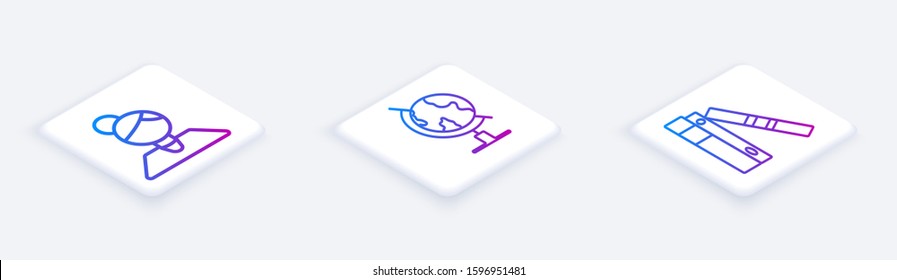 Set Isometric line Teacher, Earth globe and Office folders with papers and documents. White square button. Vector