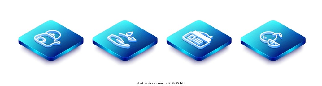 Set Isometric line Teapot with cup, Leaf in hand, Ointment cream tube and Citrus fruit icon. Vector