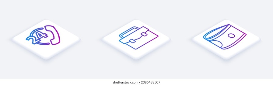 Set Isometric line Telephone 24 hours support, Briefcase and Stacks paper money cash. White square button. Vector