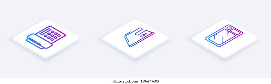 Set Isometric line Telephone , Electric iron  and Microwave oven . White square button. Vector