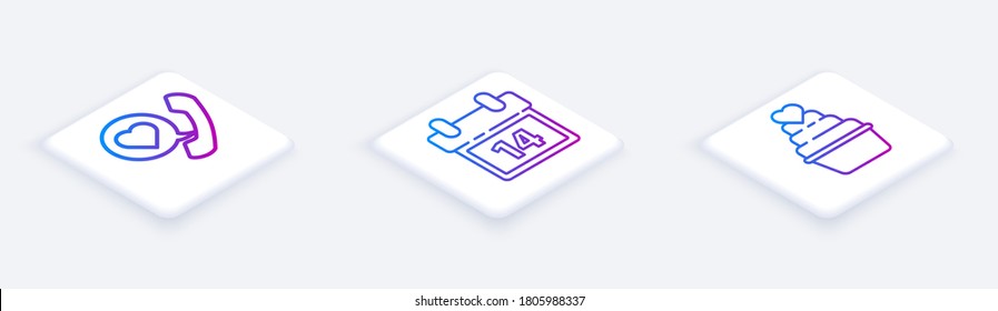Set Isometric line Telephone with heart speech bubble, Calendar with February 14 and Wedding cake with heart. White square button. Vector