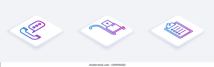 Set Isometric line Telephone with speech bubble chat , Hand truck and boxes  and Verification of delivery list clipboard . White square button. Vector