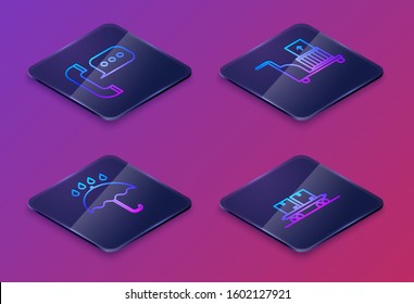 Set Isometric line Telephone with speech bubble chat , Umbrella and rain drops , Electric hand truck and boxes  and Railway carriage . Blue square button. Vector