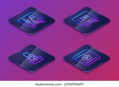 Set Isometric line Television report, Breaking news, Live and stream. Blue square button. Vector