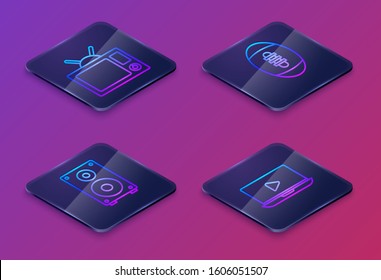 Set Isometric line Television, Stereo speaker, American Football ball and Online play video. Blue square button. Vector