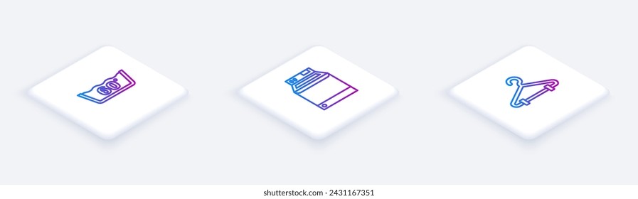 Set Isometric line Temperature wash, Washer and Hanger wardrobe. White square button. Vector