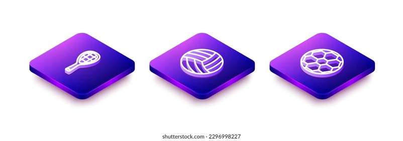 Set Isometric line Tennis racket, Volleyball ball and Soccer football icon. Vector