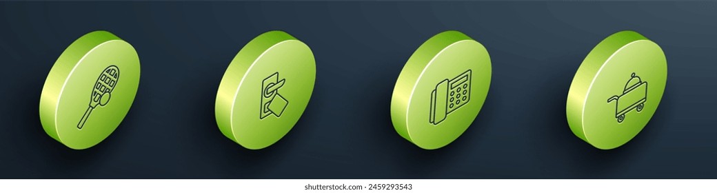 Set Isometric line Tennis racket with ball, Digital door lock, Telephone handset and Covered tray of food icon. Vector
